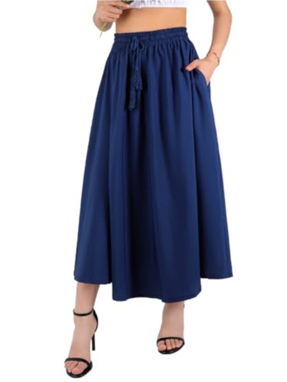 Midi Skirt with Pockets High Waist A Line Flowy Boho Long Skirt